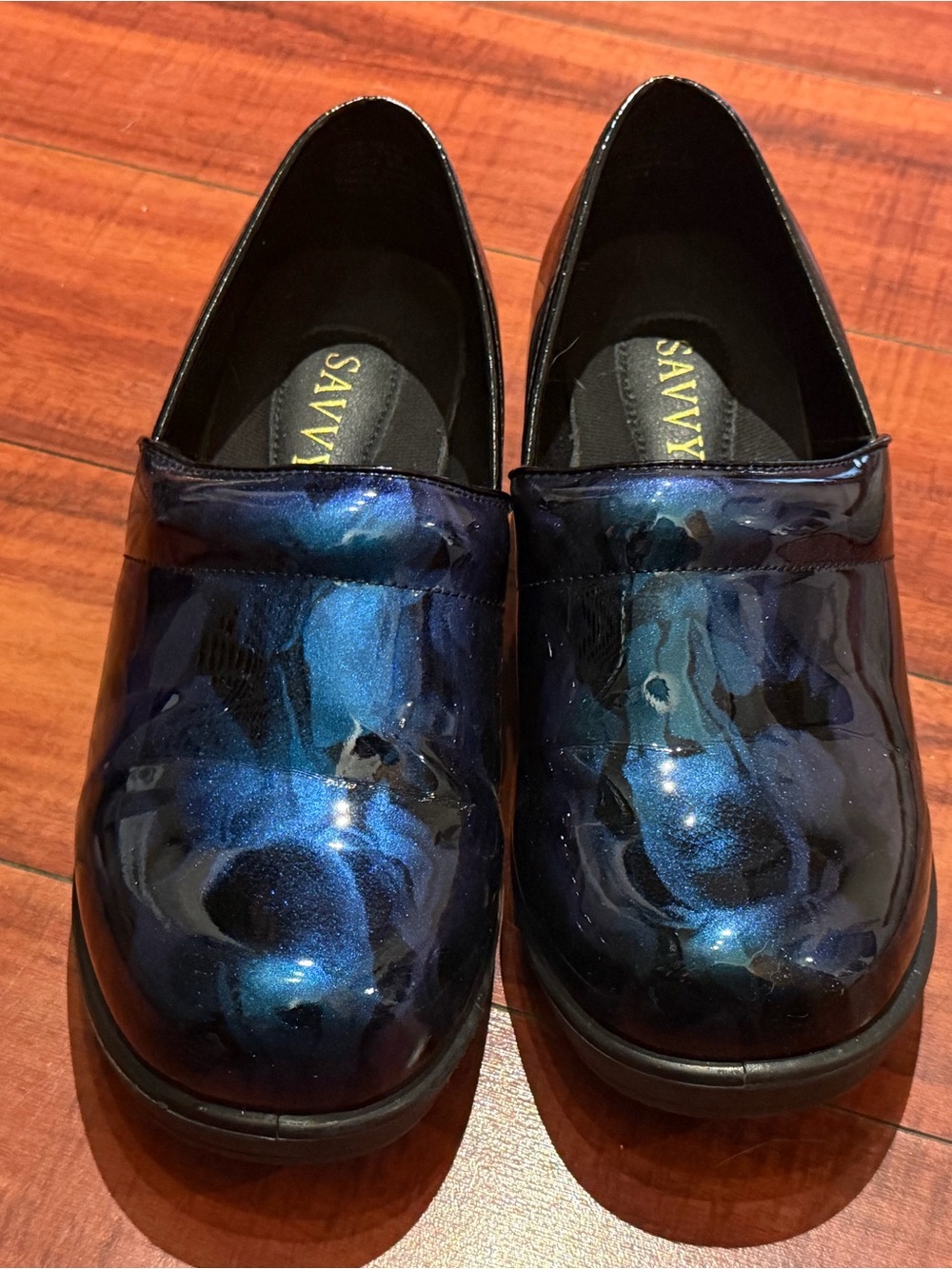 Savvy Iridescent Blue Black Patent Slip-On Clogs